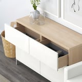 BESTÅ Storage combination w doors/drawers, white stained oak effect/Selsviken high-gloss/white, 120x42x74 cm
