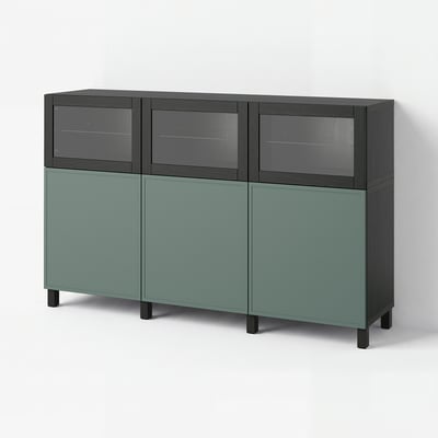 BESTÅ Storage combination with doors, black-brown/Krukmakare dark grey-green, 180x42x112 cm