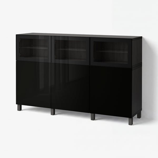 BESTÅ Storage combination with doors, black-brown Selsviken/Glassvik high-gloss/black clear glass, 180x42x112 cm