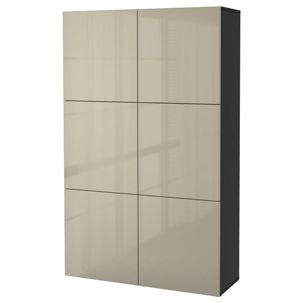BESTÅ Storage combination with doors, black-brown/Selsviken high-gloss/beige, 120x42x193 cm