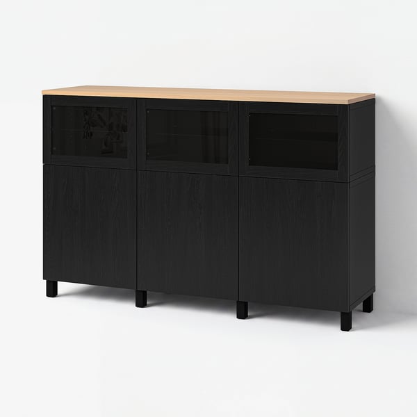 BESTÅ Storage combination with doors, Lappviken/Stubbarp/Sindvik black-brown clear glass, 180x42x114 cm
