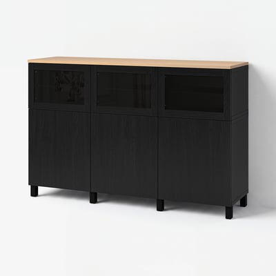 BESTÅ Storage combination with doors, Lappviken/Stubbarp/Sindvik black-brown clear glass, 180x42x114 cm