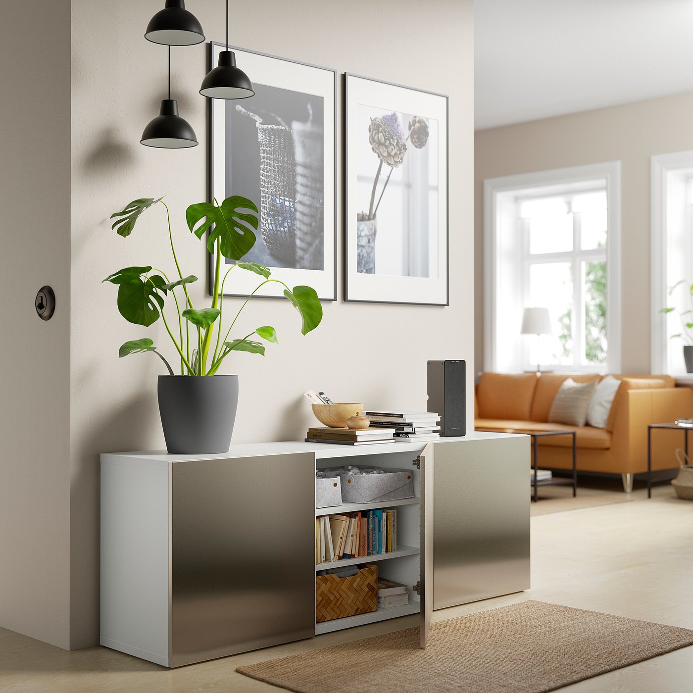 BESTÅ storage combination with doors, white/Riksviken light bronze