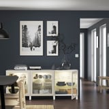 BESTÅ Storage combination with doors, white Sindvik/Stubbarp/light grey-beige clear glass, 180x42x74 cm