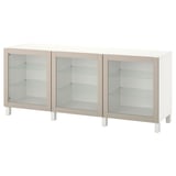 BESTÅ Storage combination with doors, white Sindvik/Stubbarp/light grey-beige clear glass, 180x42x74 cm