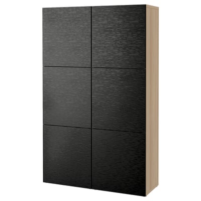 A tall, dark brown BESTÅ cabinet with adjustable shelves and vertical doors.