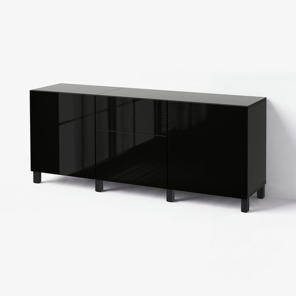 BESTÅ Storage combination with drawers, black-brown/Selsviken/Stubbarp high-gloss/black, 180x42x74 cm