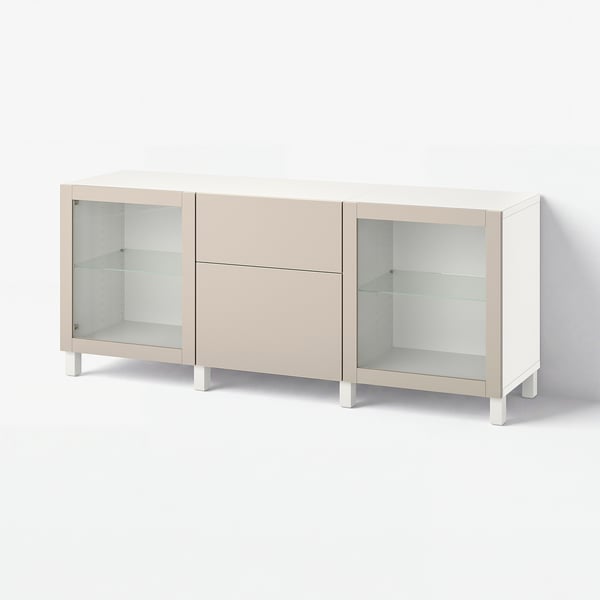 BESTÅ Storage combination with drawers, white Lappviken/Stubbarp/light grey-beige clear glass, 180x42x74 cm