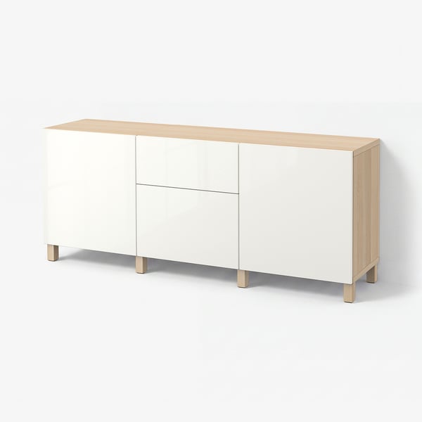 BESTÅ Storage combination with drawers, white stained oak effect/Selsviken/Stubbarp high-gloss/white, 180x42x74 cm