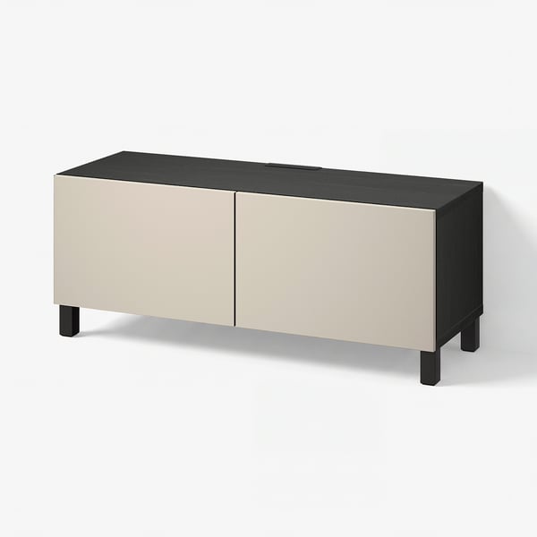 BESTÅ TV bench with doors, black-brown/Lappviken/Stubbarp light grey/beige, 120x42x48 cm