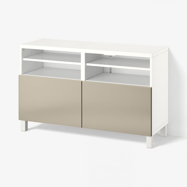 BESTÅ TV bench with doors, white/Riksviken/Stubbarp light bronze effect, 120x42x74 cm