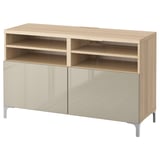 BESTÅ TV bench with doors, white stained oak effect/Selsviken/Nannarp high-gloss/beige, 120x42x74 cm