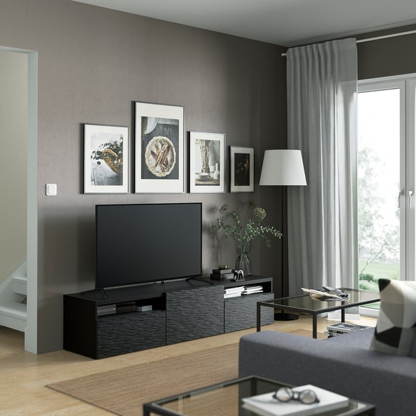 BESTÅ TV bench with drawers and door, black-brown/Laxviken black, 180x42x39 cm