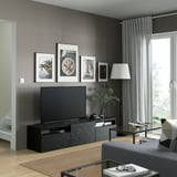 BESTÅ TV bench with drawers and door, black-brown/Laxviken black, 180x42x39 cm