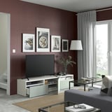 BESTÅ TV bench with drawers and door, white/Hjortviken pale grey-green, 180x42x39 cm