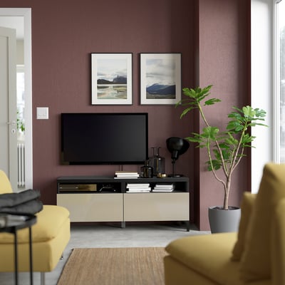 BESTÅ TV bench with drawers, black-brown/Selsviken high-gloss/beige, 120x42x48 cm