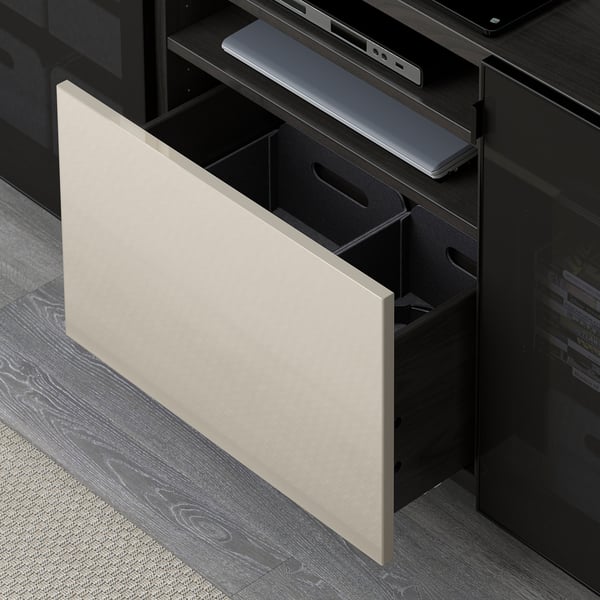 BESTÅ TV bench with drawers, black-brown/Selsviken/Nannarp high-gloss/beige smoked glass, 180x42x74 cm