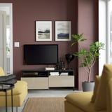 BESTÅ TV bench with drawers, black-brown/Selsviken/Nannarp high-gloss/beige, 120x42x48 cm
