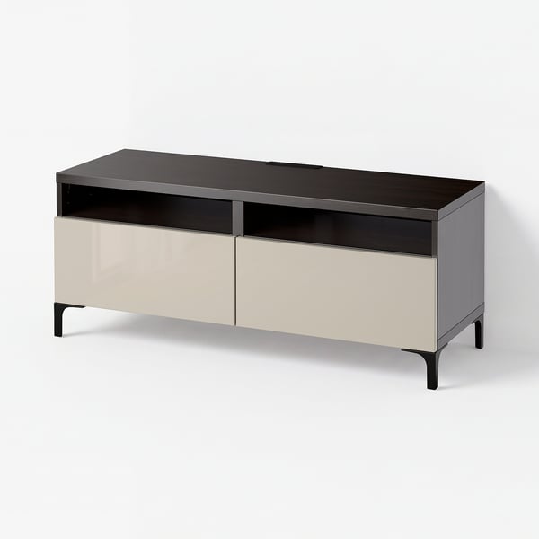 BESTÅ TV bench with drawers, black-brown/Selsviken/Nannarp high-gloss/beige, 120x42x48 cm