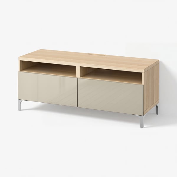 BESTÅ TV bench with drawers, white stained oak effect/Selsviken high-gloss/beige, 120x42x48 cm