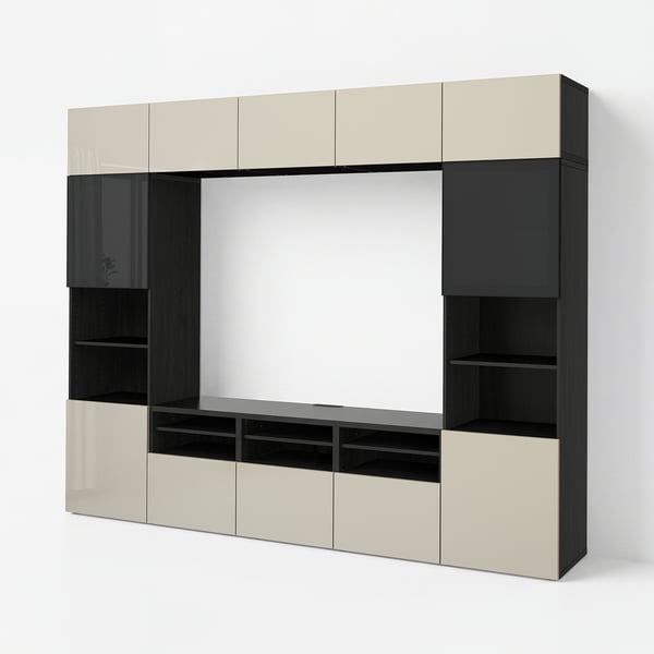 BESTÅ TV storage combination/glass doors, black-brown/Selsviken high-gloss/beige smoked glass, 300x42x231 cm