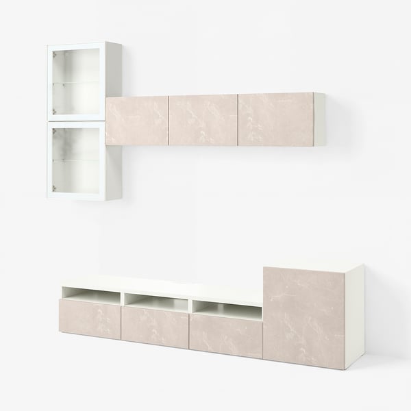 BESTÅ TV storage combination/glass doors, white Glassvik/Bergsviken beige, 300x42x211 cm