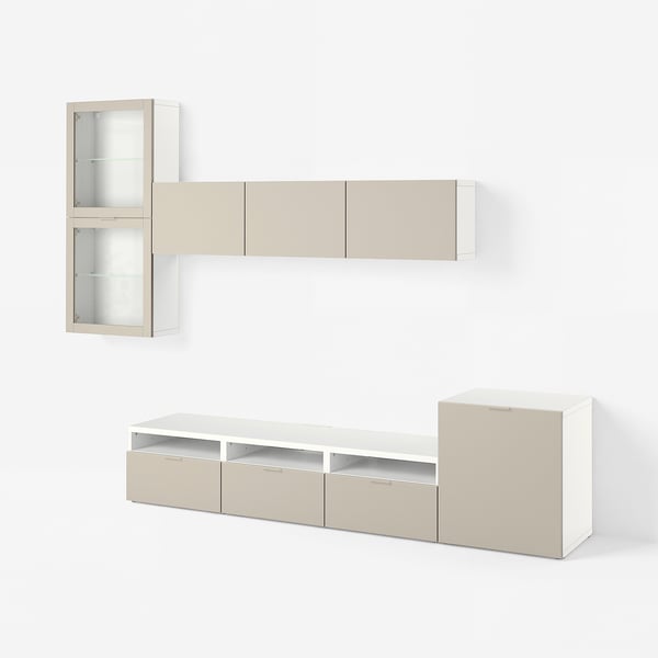 BESTÅ TV storage combination/glass doors, white Lappviken/light grey-beige clear glass, 300x42x211 cm