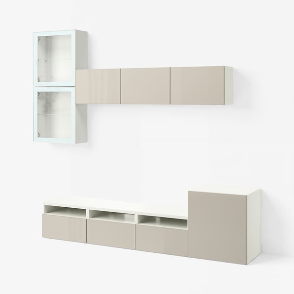 BESTÅ TV storage combination/glass doors, white/Selsviken high-gloss/beige clear glass, 300x42x211 cm