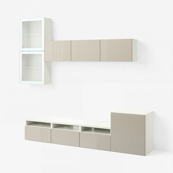 BESTÅ TV storage combination/glass doors, white/Selsviken high-gloss/beige frosted glass, 300x42x211 cm
