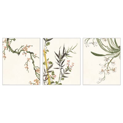 Three floral posters - beige, green, red. Cherry blossoms, bamboo, and orchids.