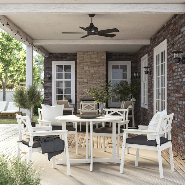 BONDHOLMEN Table+4 chairs w armrests, outdoor, white/beige/Frösön/Duvholmen dark grey