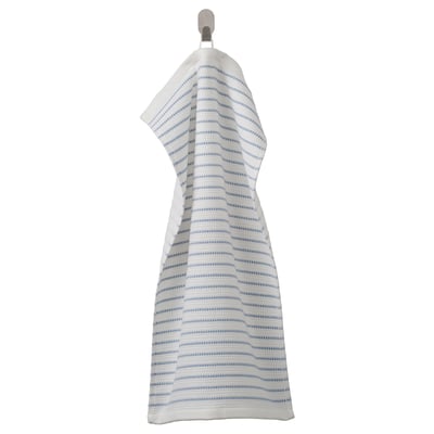 A white BROKGINST towel with blue stripes, hanging, featuring waffle and terry textures.