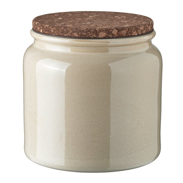 BRUGDHAJ stoneware jar, beige, cylindrical with cork lid, airtight gasket, rustic design.