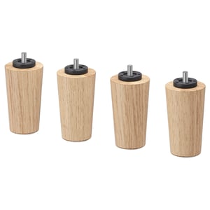 Four light brown wood legs with black threaded tops, arranged in a line. They are cylindrical and finished with clear acrylic lacquer.