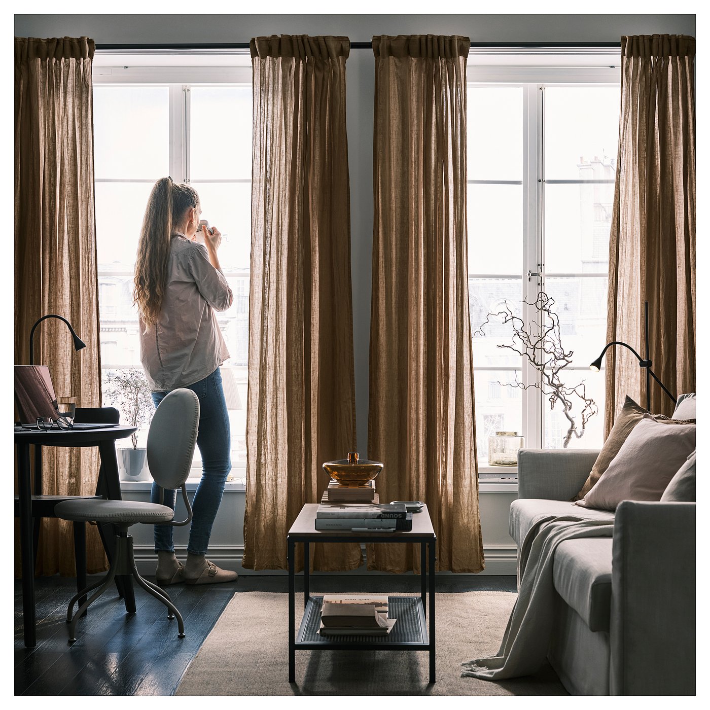 DYTÅG ディトーグカーテン2組, ダークベージュ, 145x250 cm DYTÅG curtains, 1 pair dark beige/with heading tape - IKEA