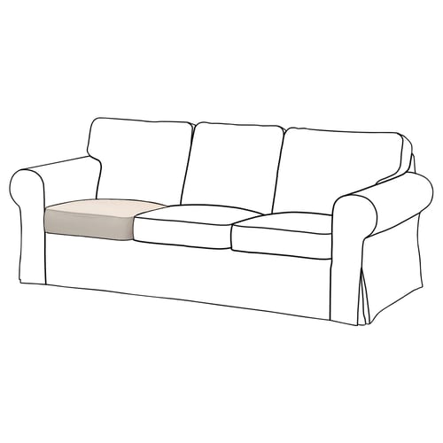 EKTORP sofa, beige, plush, rolled arms, 3 cushions, slipcover.