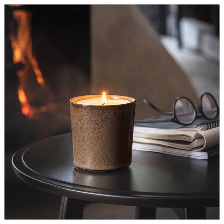 ENSTAKA Scented candle in ceramic jar, Bonfire/grey, 50 hr IKEA