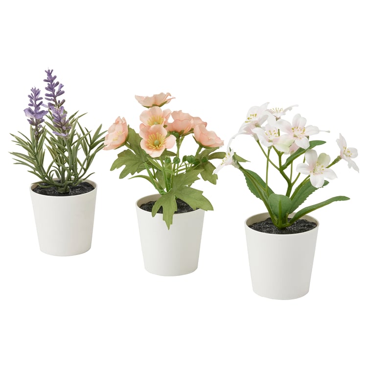 FEJKA Artifi potted plant w pot, set of 3, in/outdoor flower mix, 6 cm