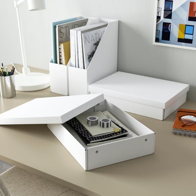 FJÄDERHARV Storage box with lid, white, 25x35x8 cm