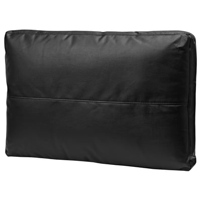 Black leather-like rectangular cushion, part of the FRIHETEN sofa set, designed for comfort and versatility.