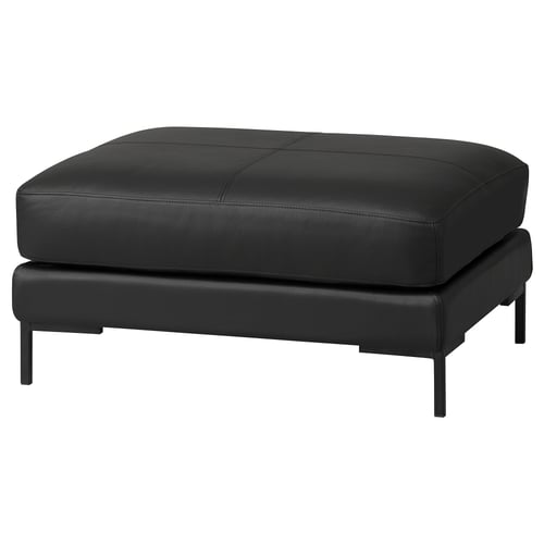 Black leather ottoman with modern design, sturdy metal legs, square shape, comfortable padding.