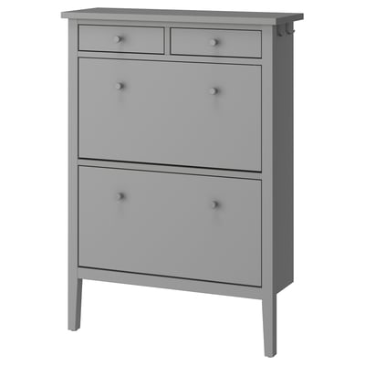 Gullaberry light grey shoe cabinet with drawers and wooden knobs.