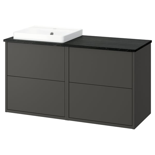 Modern dark grey bathroom cabinet with sleek countertop & basin; minimalist design.