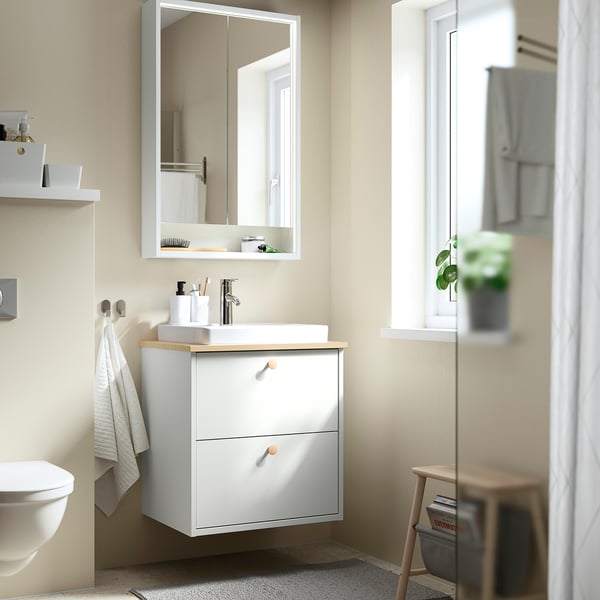 HAVBÄCK / ORRSJÖN Wash-stnd w drawers/wash-basin/tap, white/light bamboo, 62x49x71 cm