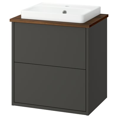 HAVBÄCK grey bathroom cabinet with oak counter & sink.