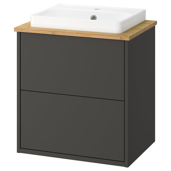 A modern grey HAVBÄCK bathroom vanity with a bamboo countertop and a white square ceramic basin.