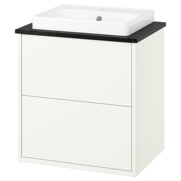 A white HAVBÄCK bathroom cabinet with a black countertop and a built-in rectangular sink.