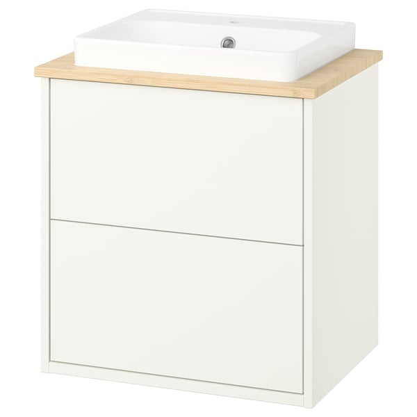 A white IKEA HAVBÄCK bathroom vanity with a square, bamboo-topped basin. It has a sleek, minimalist design with two drawers for storage.