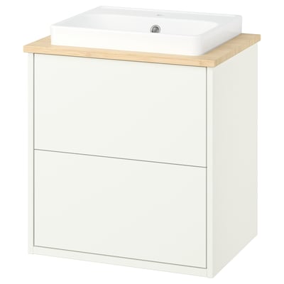 A white IKEA HAVBÄCK bathroom vanity with a square, bamboo-topped basin. It has a sleek, minimalist design with two drawers for storage.