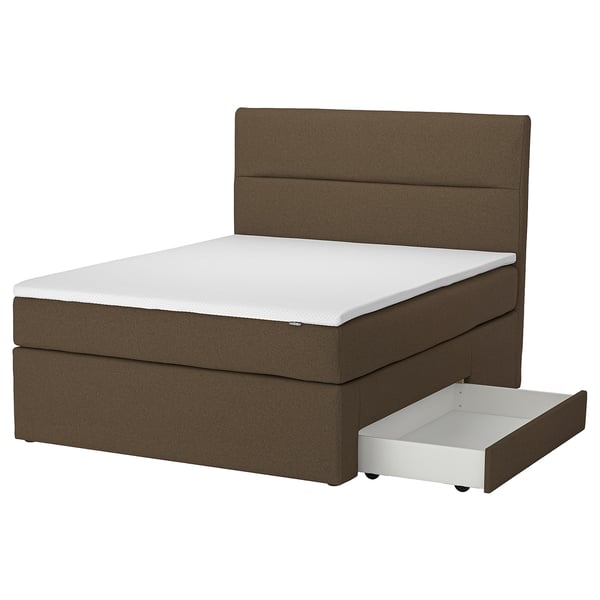 HEMFJÄLLET Divan bed with storage, Valevåg medium firm/Nordberget Tonerud dark grey-brown, 160x200 cm
